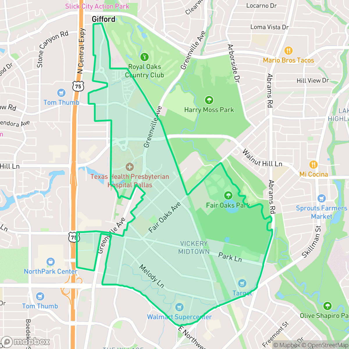 Map showing the location of Vickery Meadows PID, Dallas, TX