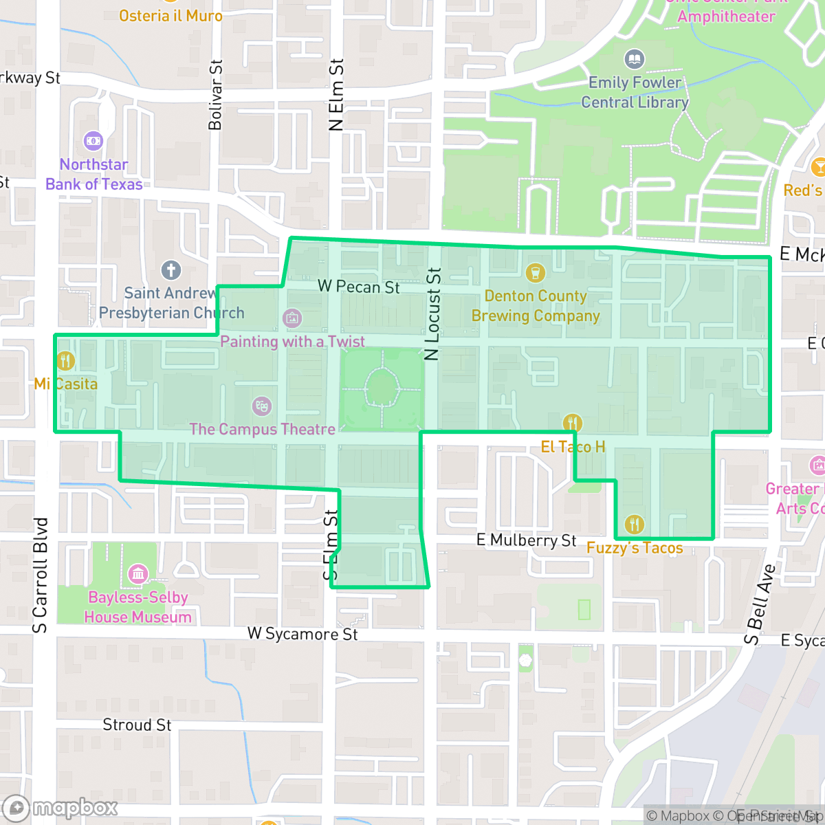 Map showing the location of Denton Square, Denton, TX