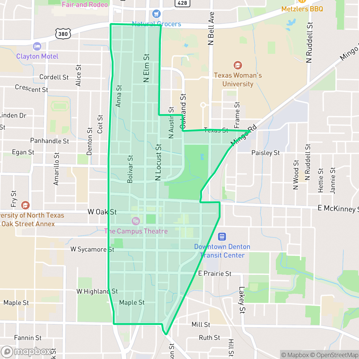 Map showing the location of Downtown, Denton, TX