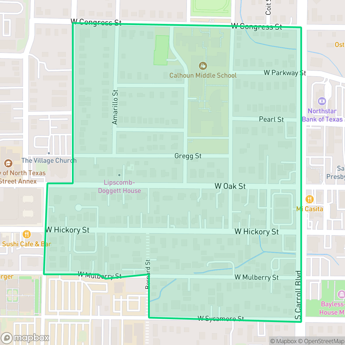 Map showing the location of Oak Hickory Historic District, Denton, TX
