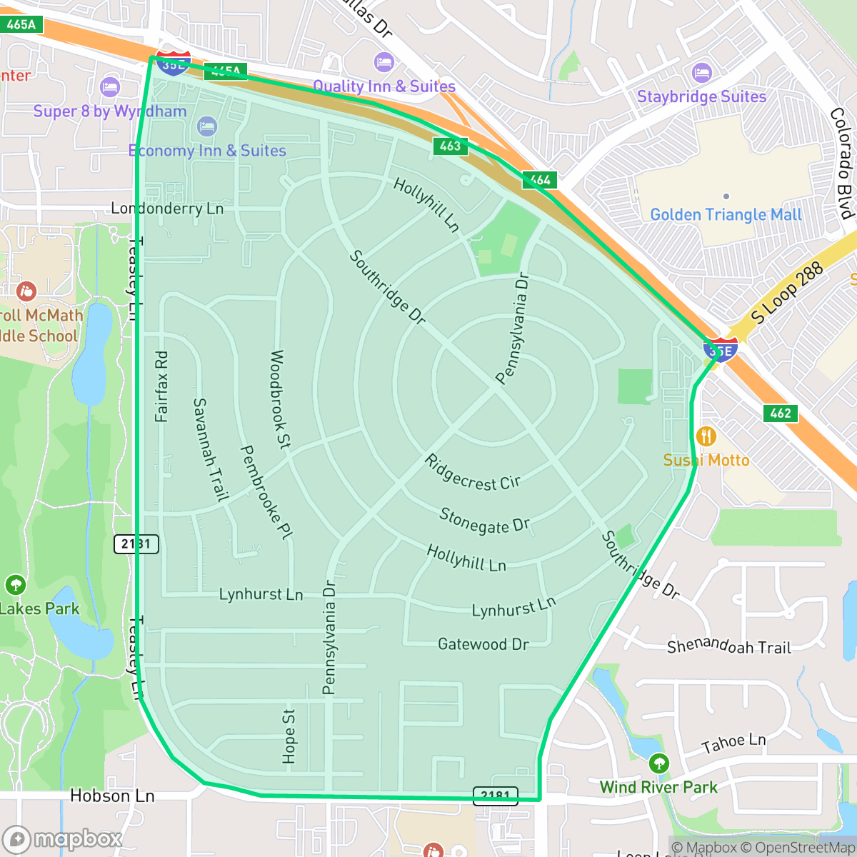 Map showing the location of Southridge, Denton, TX