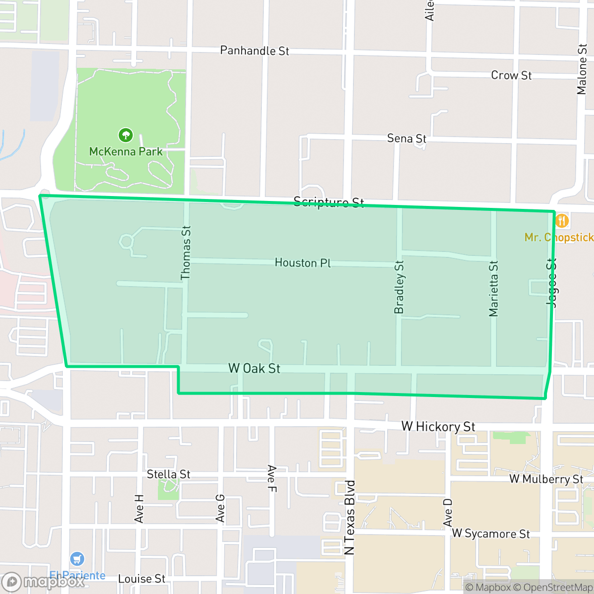 Map showing the location of West Oak Historic District, Denton, TX
