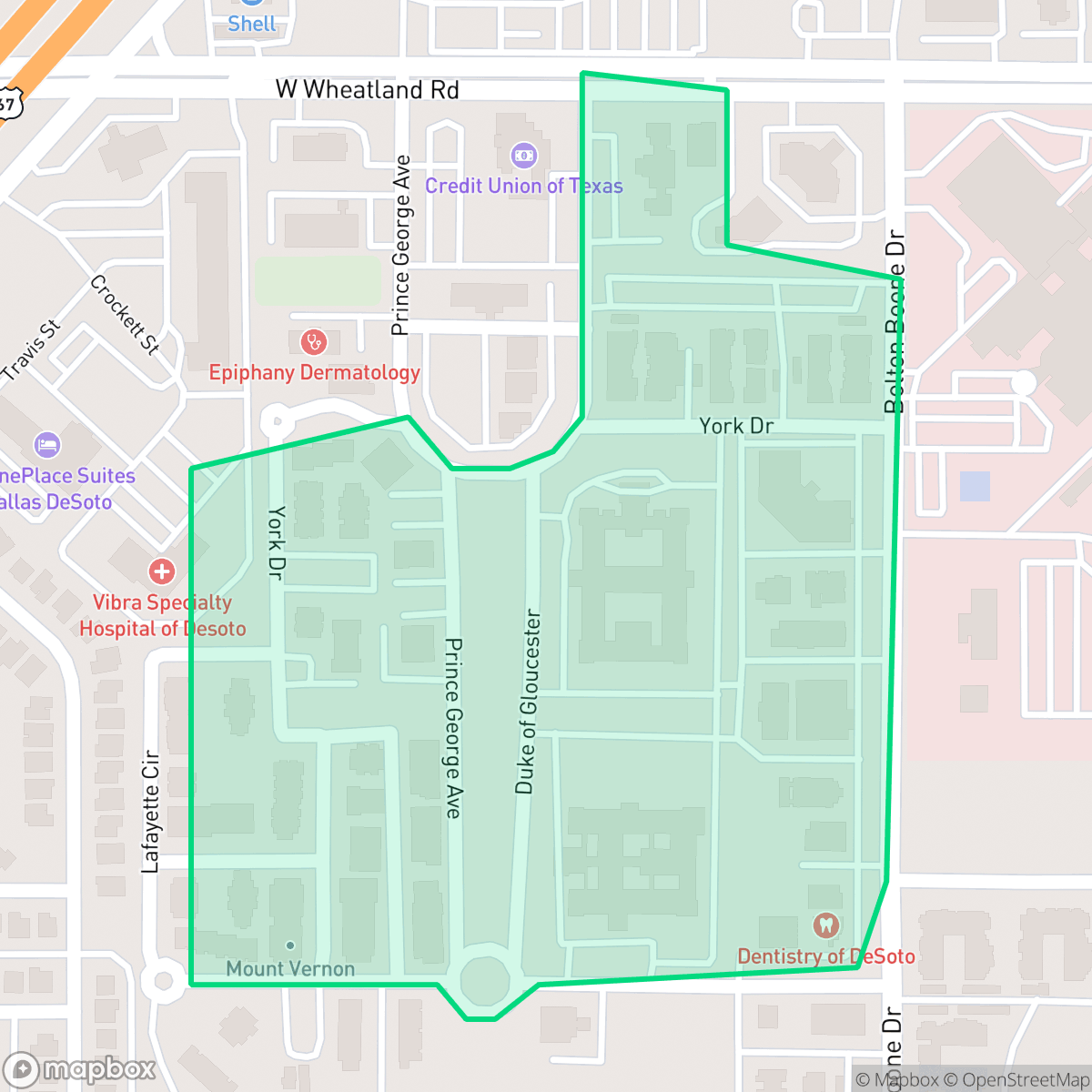 Map showing the location of Williamsburg Village, DeSoto, TX