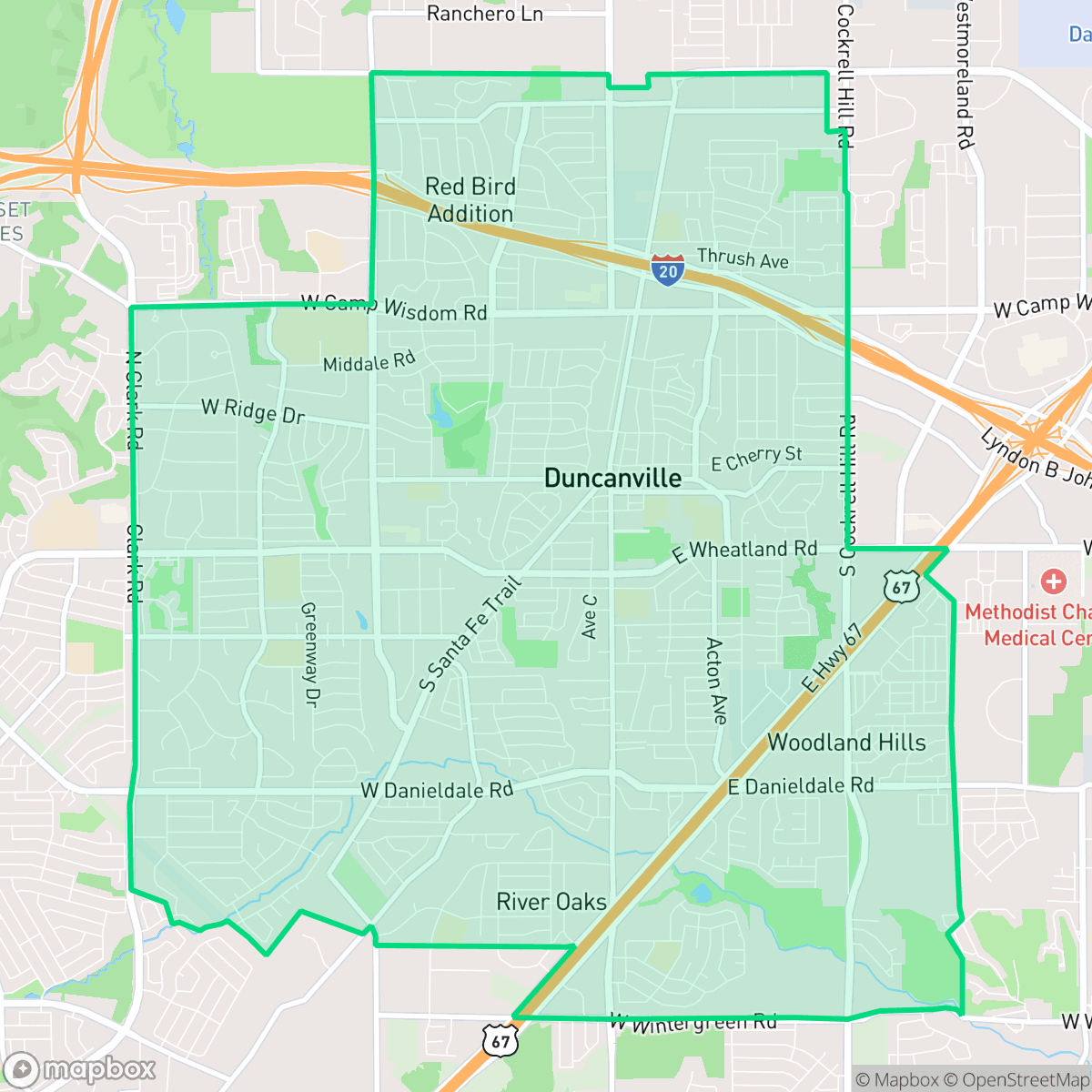 Map showing the location of Duncanville, TX — coverage area