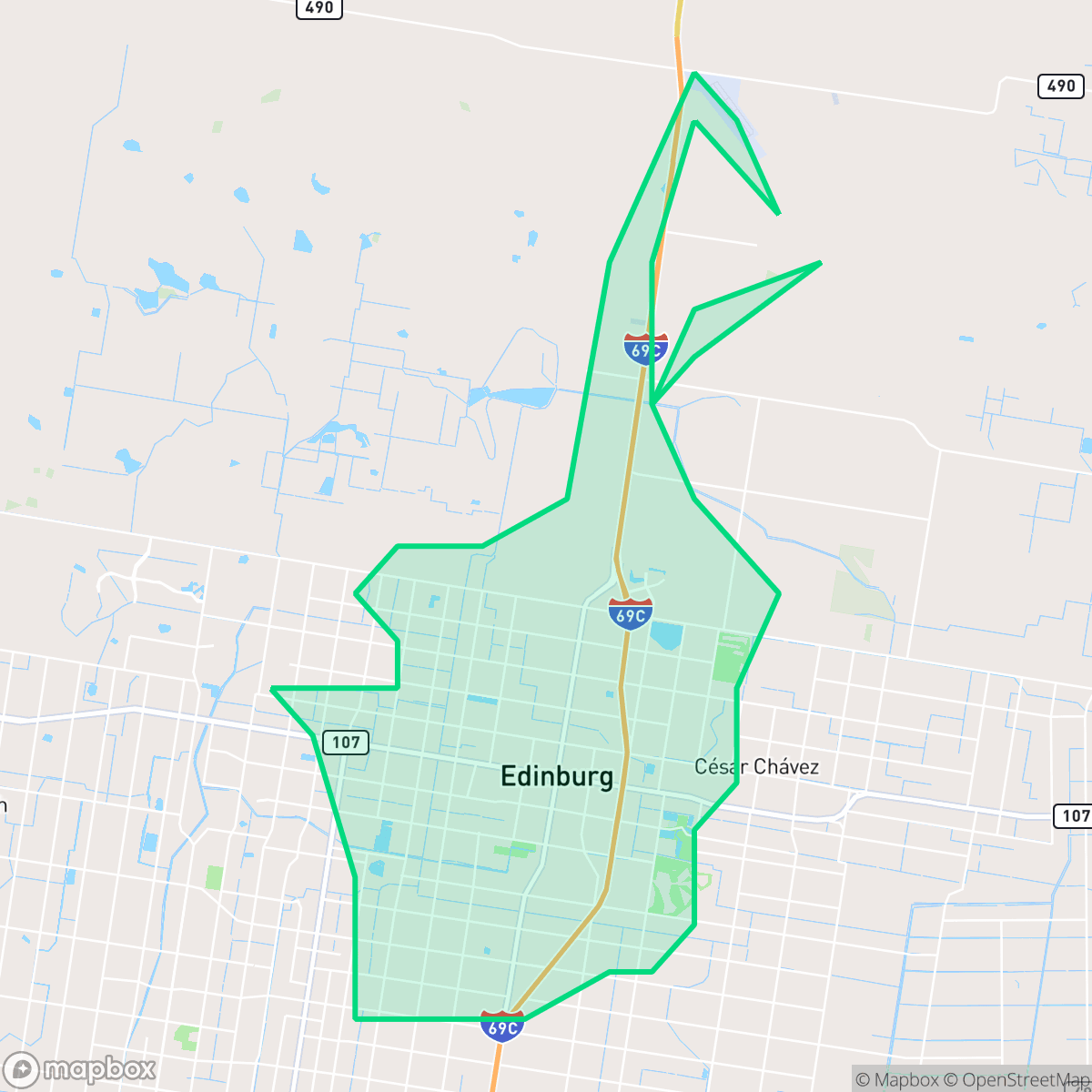 Map showing the location of Edinburg, TX — coverage area