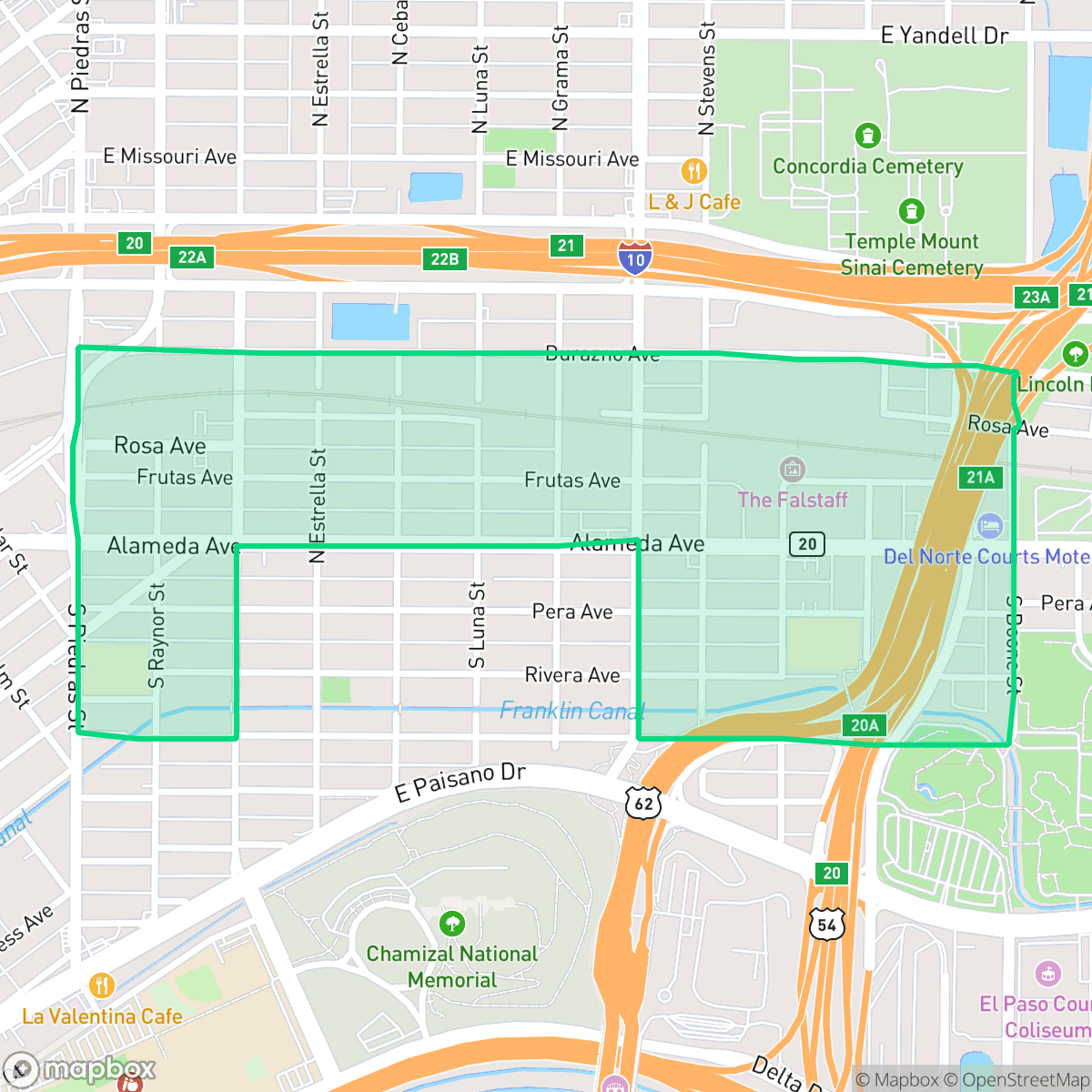 Map showing the location of Alameda Business, El Paso, TX