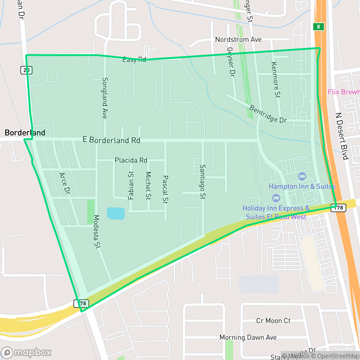 Map showing the location of Borderland, El Paso, TX