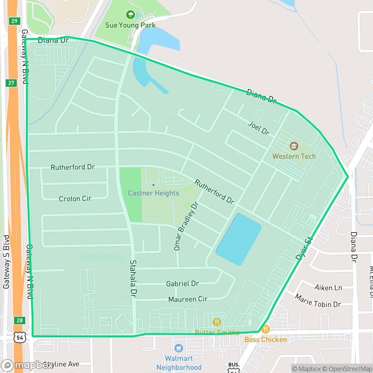 Map showing the location of Castner Heights, El Paso, TX