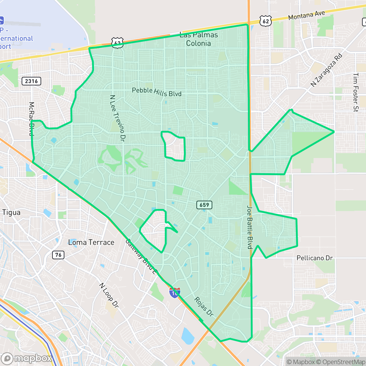Map showing the location of East Side, El Paso, TX