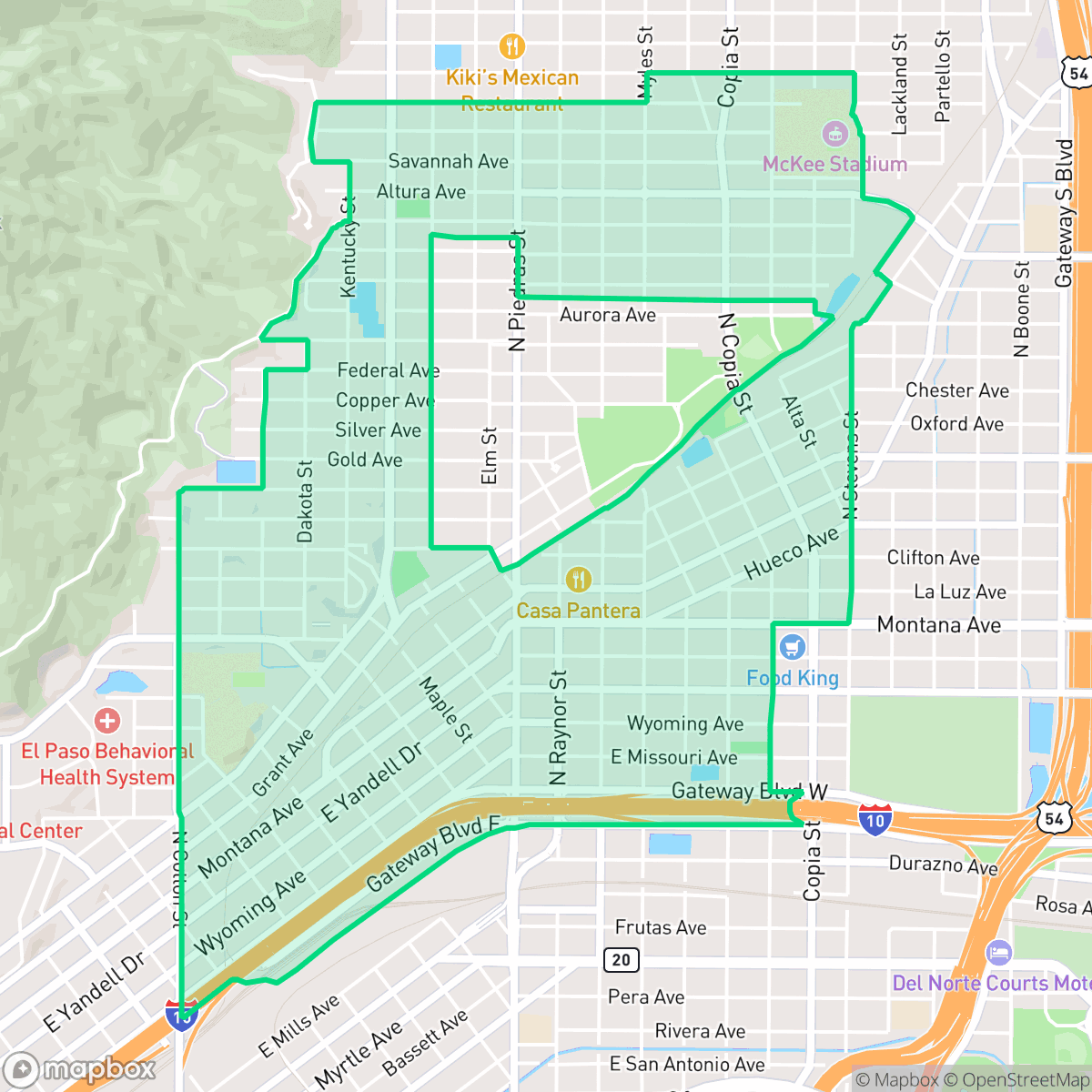 Map showing the location of Five Points, El Paso, TX