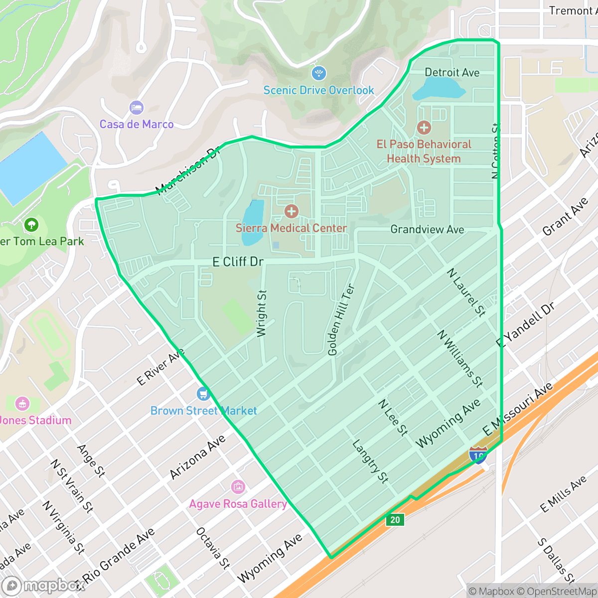Map showing the location of Golden Hills, El Paso, TX