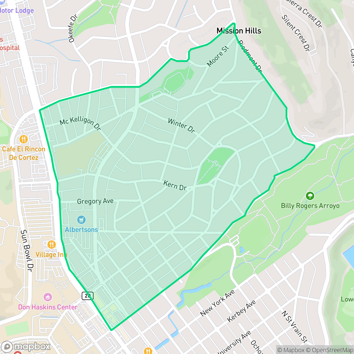 Map showing the location of Kern Place, El Paso, TX
