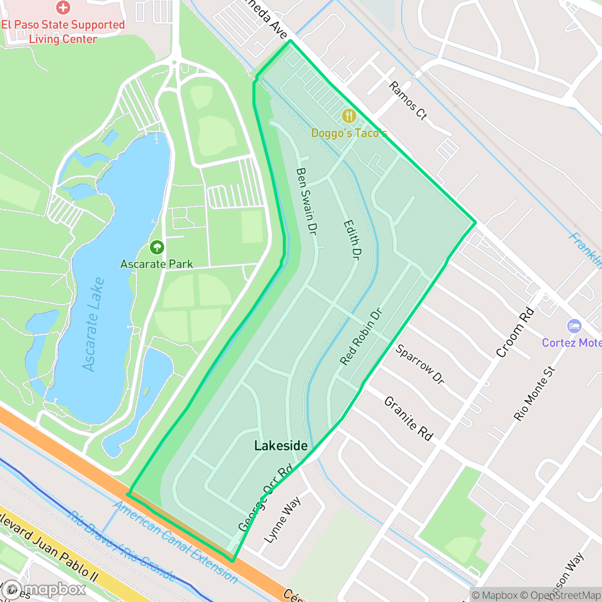 Map showing the location of Lakeside, El Paso, TX