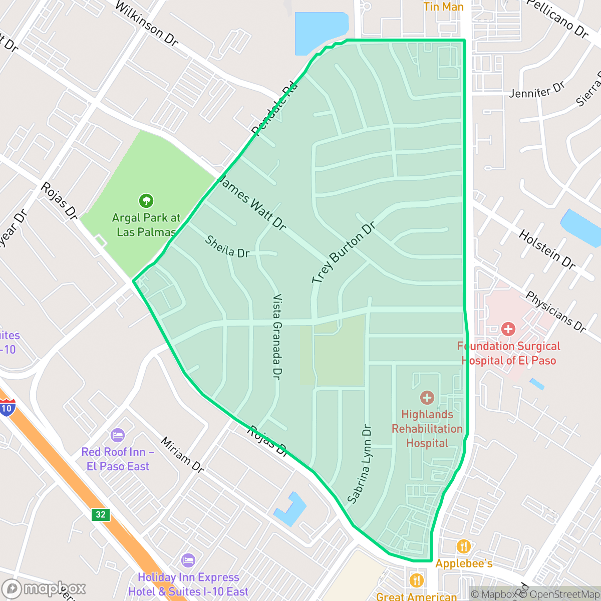 Map showing the location of Las Palmas, El Paso, TX