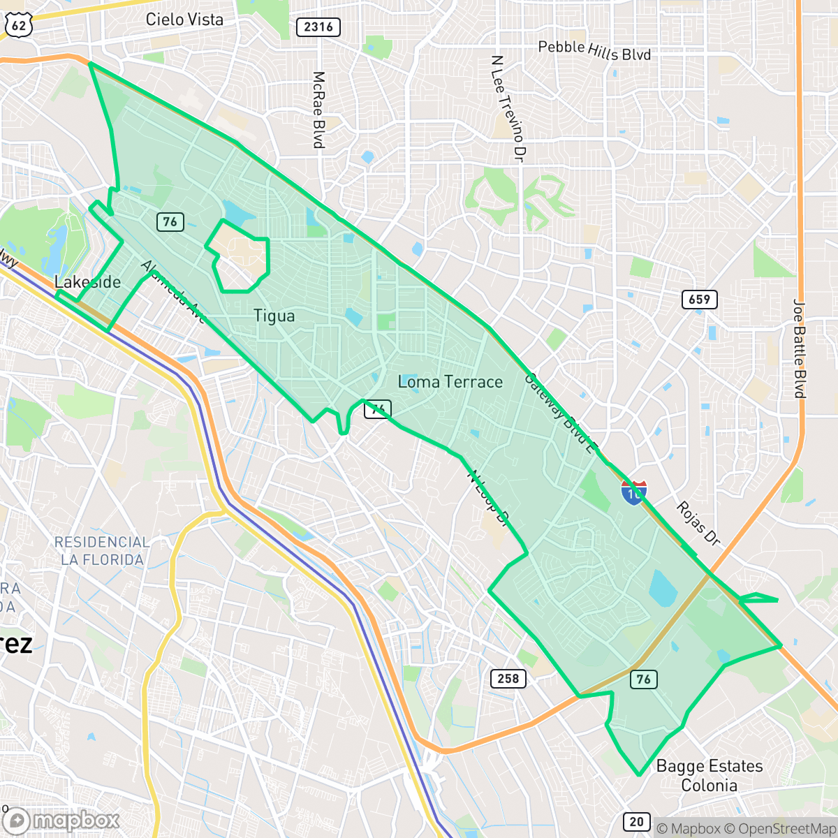 Map showing the location of Lower Valley, El Paso, TX