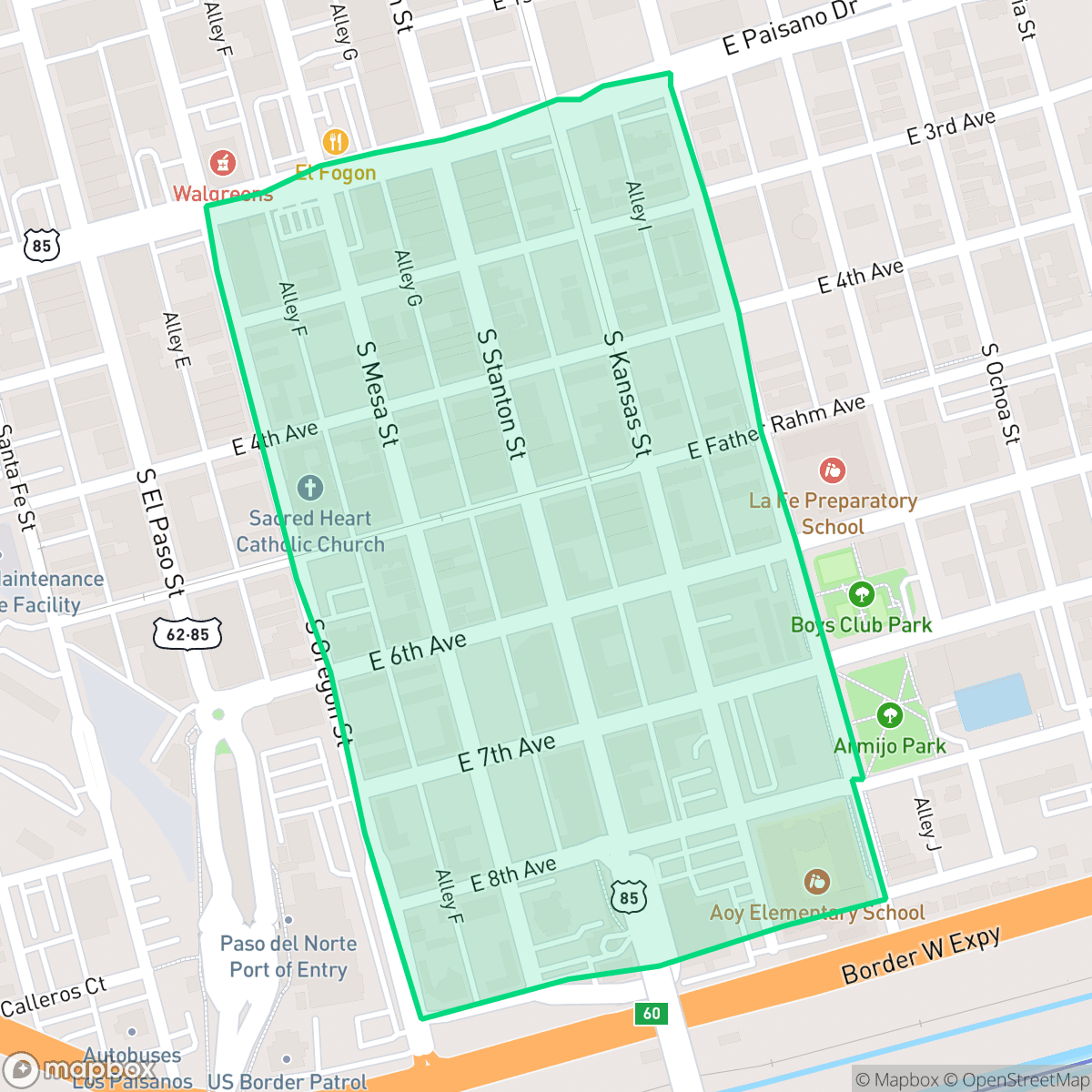 Map showing the location of South Mesa, El Paso, TX