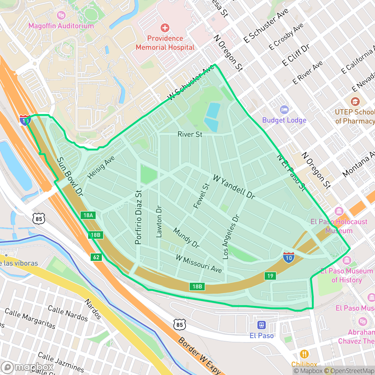 Map showing the location of Sunset Heights, El Paso, TX