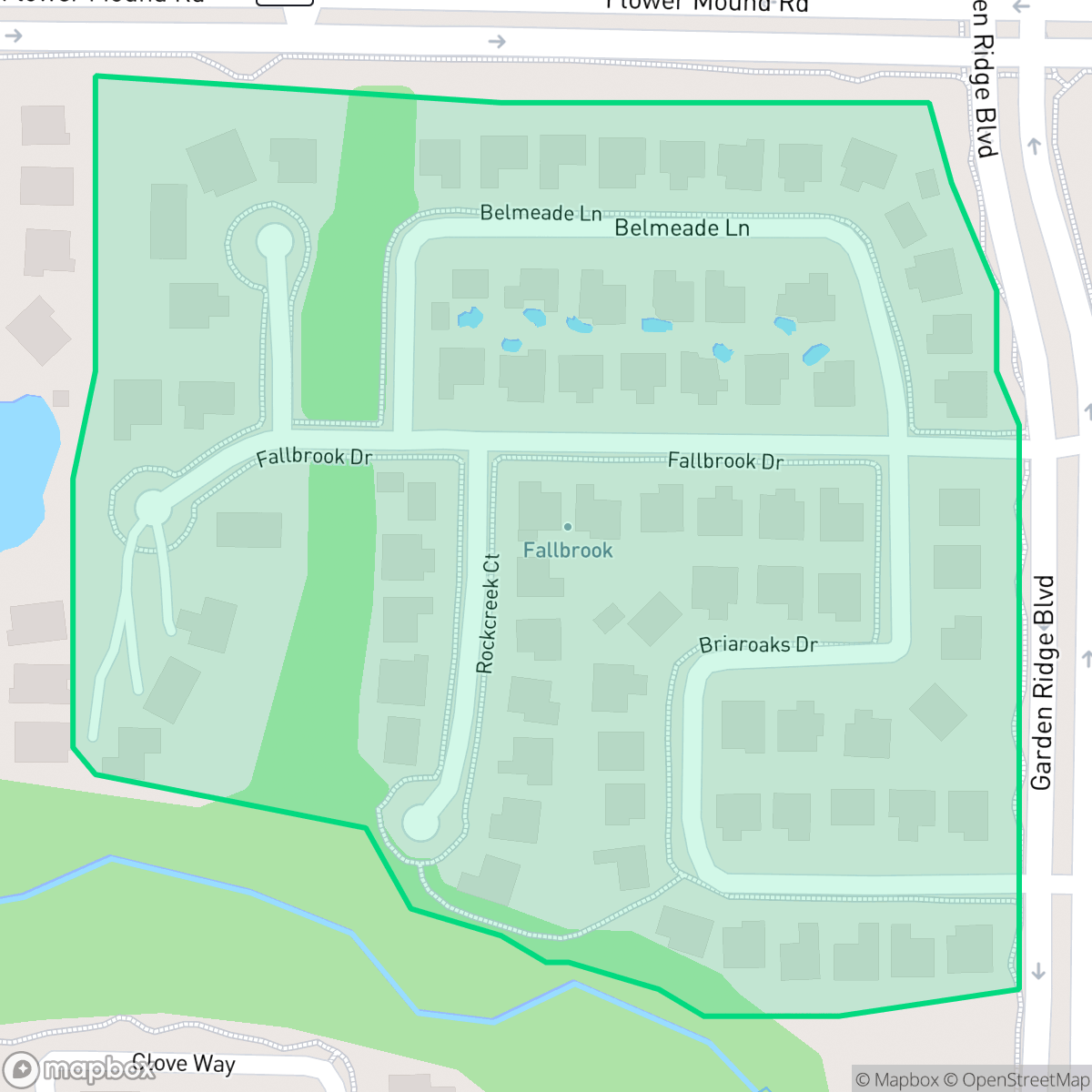 Map showing the location of Fall Brook, Flower Mound, TX