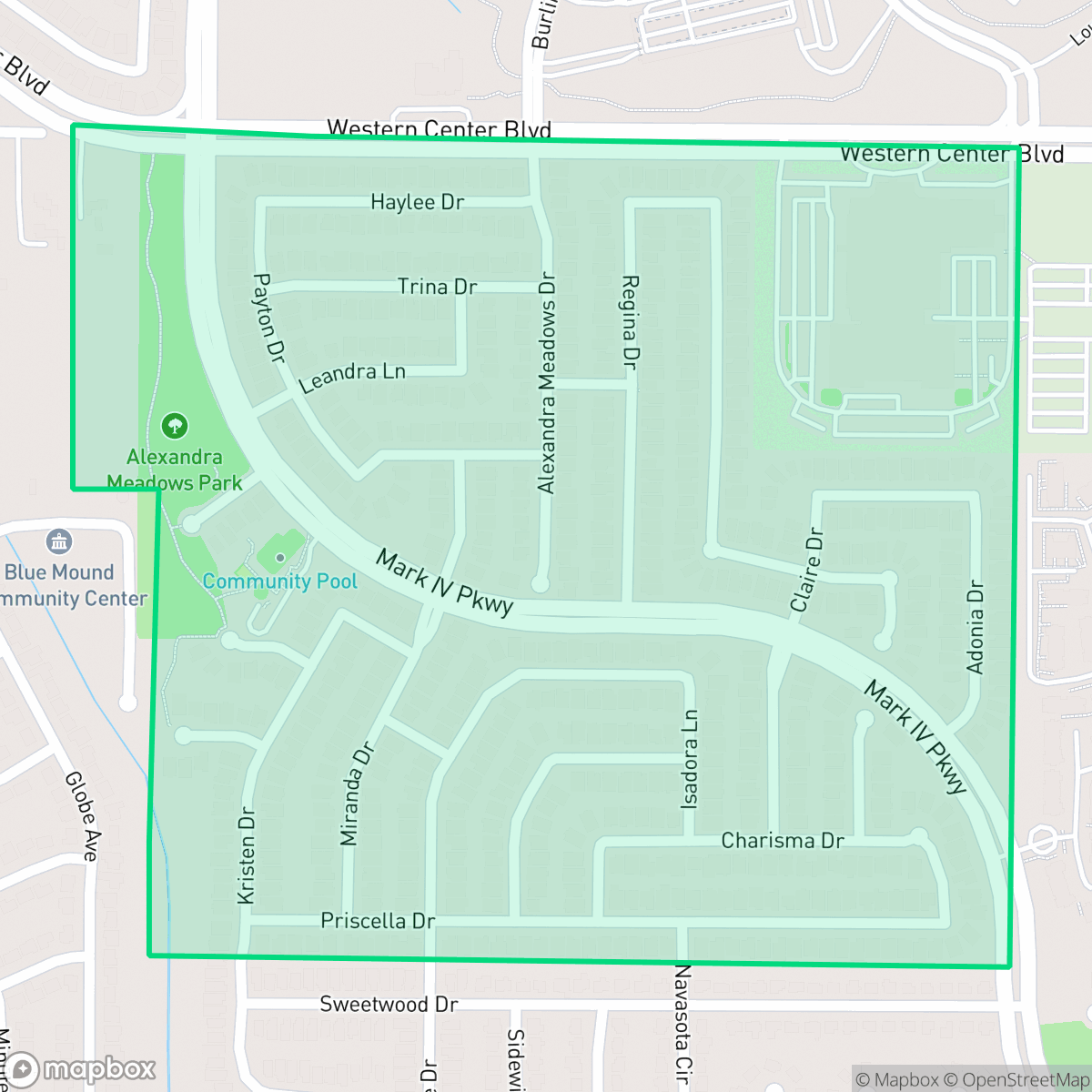 Map showing the location of Alexandra Meadows, Fort Worth, TX