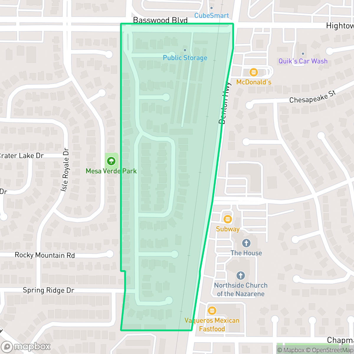 Map showing the location of Basswood Park, Fort Worth, TX