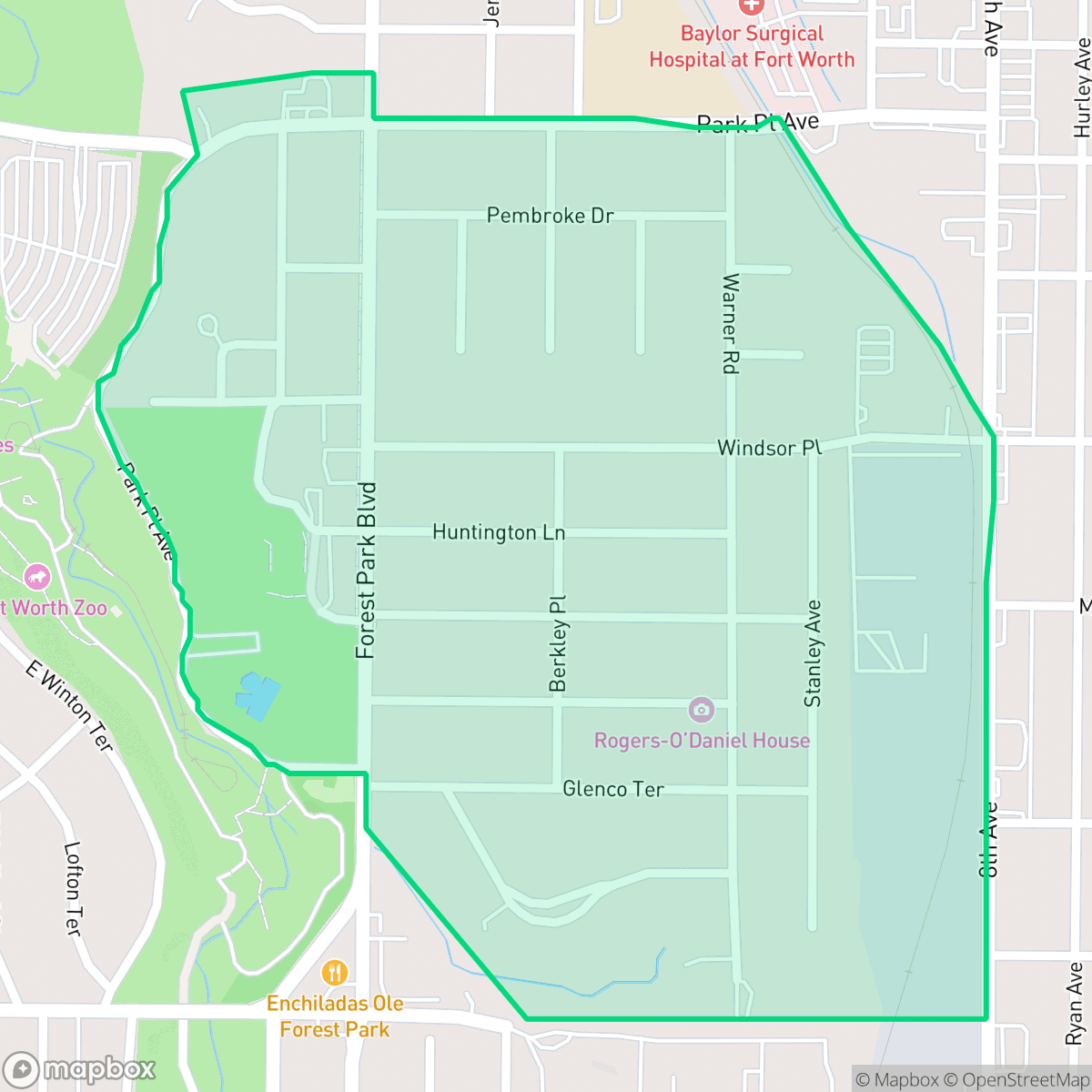 Map showing the location of Berkeley Place, Fort Worth, TX