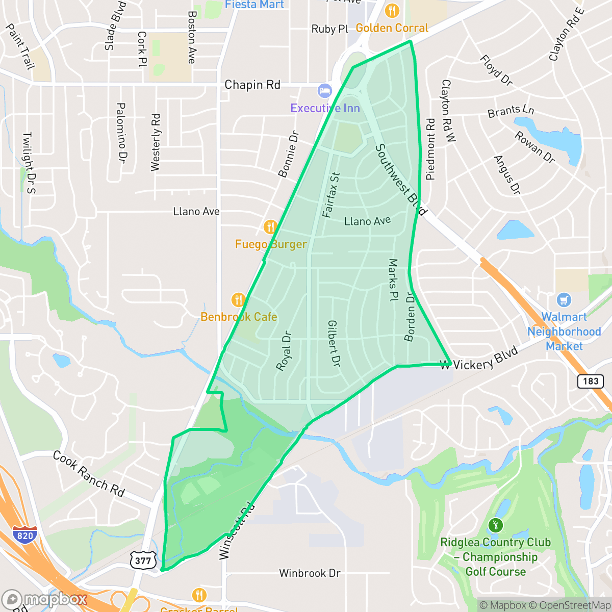 Map showing the location of Bomber Heights, Fort Worth, TX