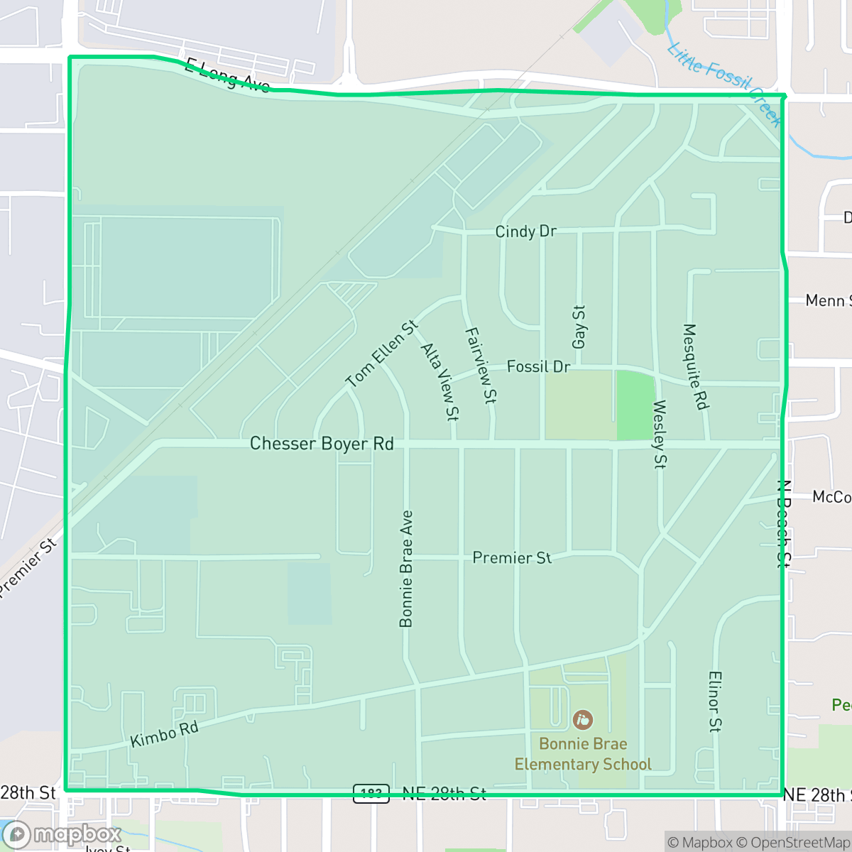 Map showing the location of Bonnie Brae, Fort Worth, TX