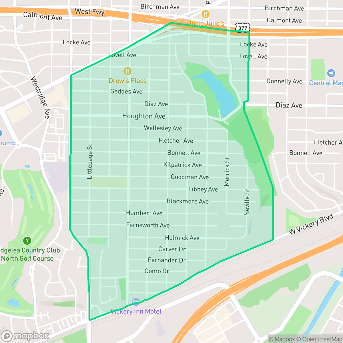 Map showing the location of Como, Fort Worth, TX