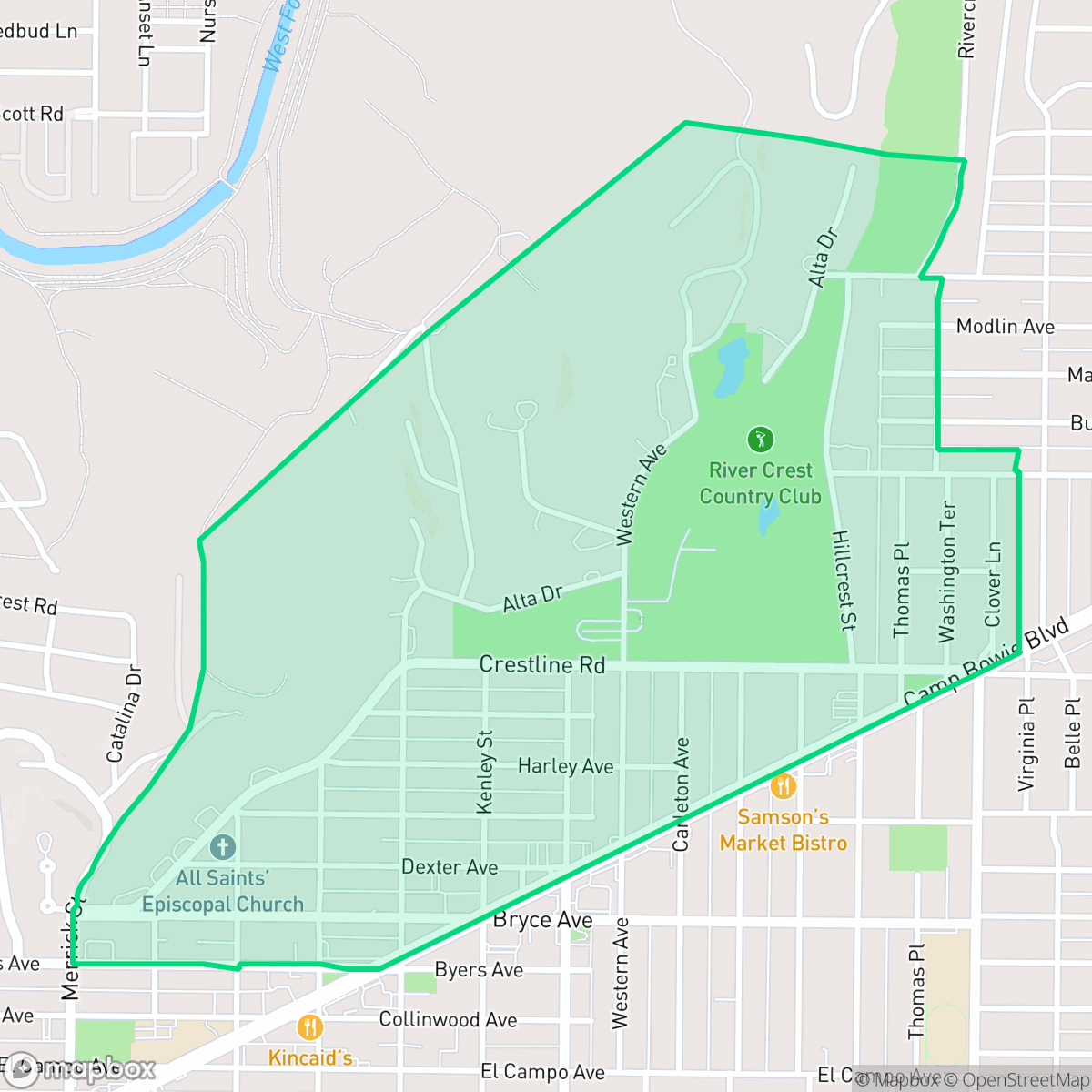 Map showing the location of Crestline Area, Fort Worth, TX