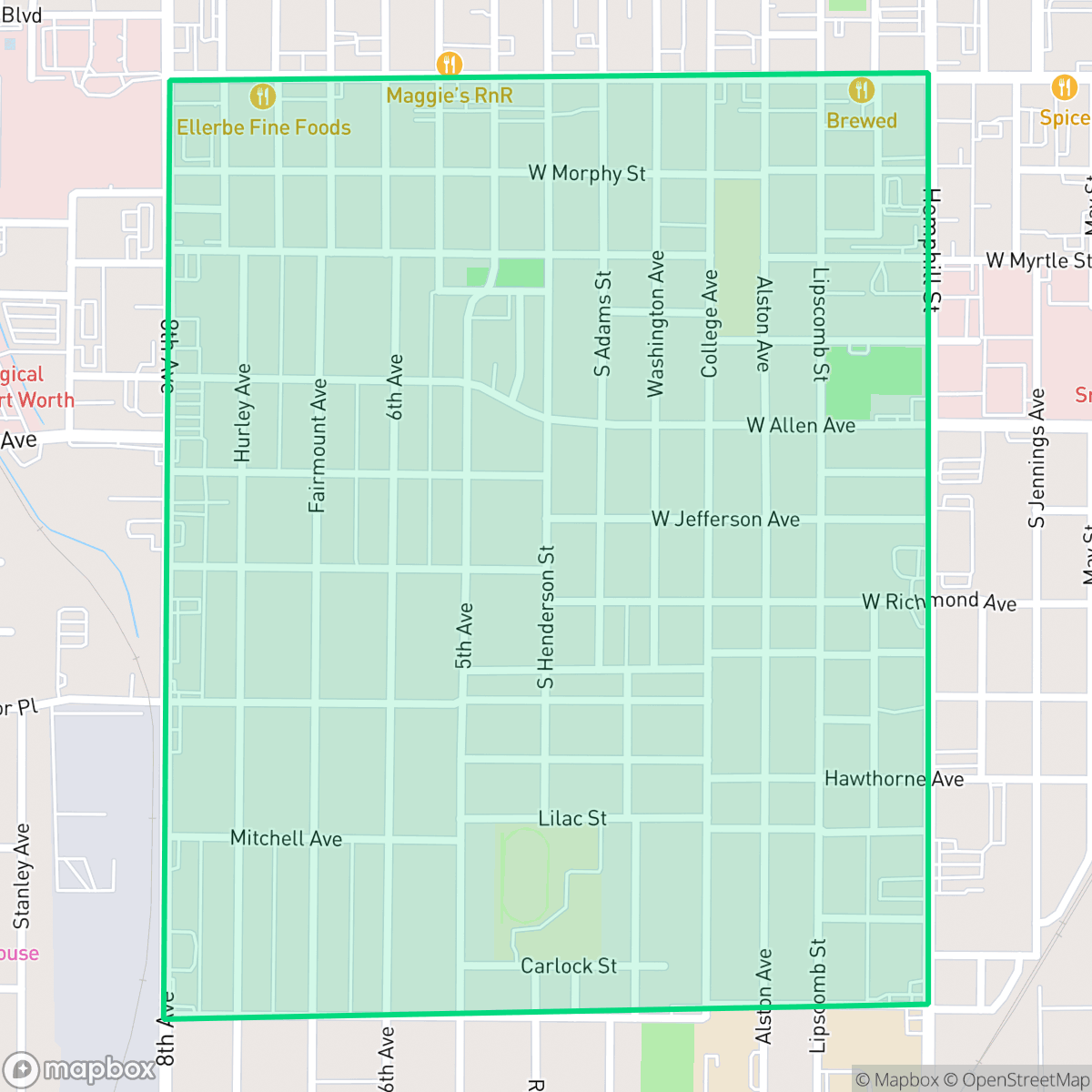 Map showing the location of Fairmount, Fort Worth, TX