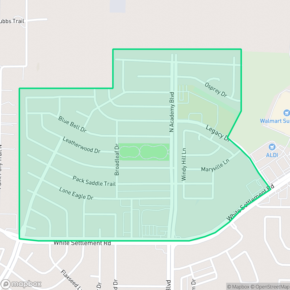 Map showing the location of Falcon Ridge, Fort Worth, TX