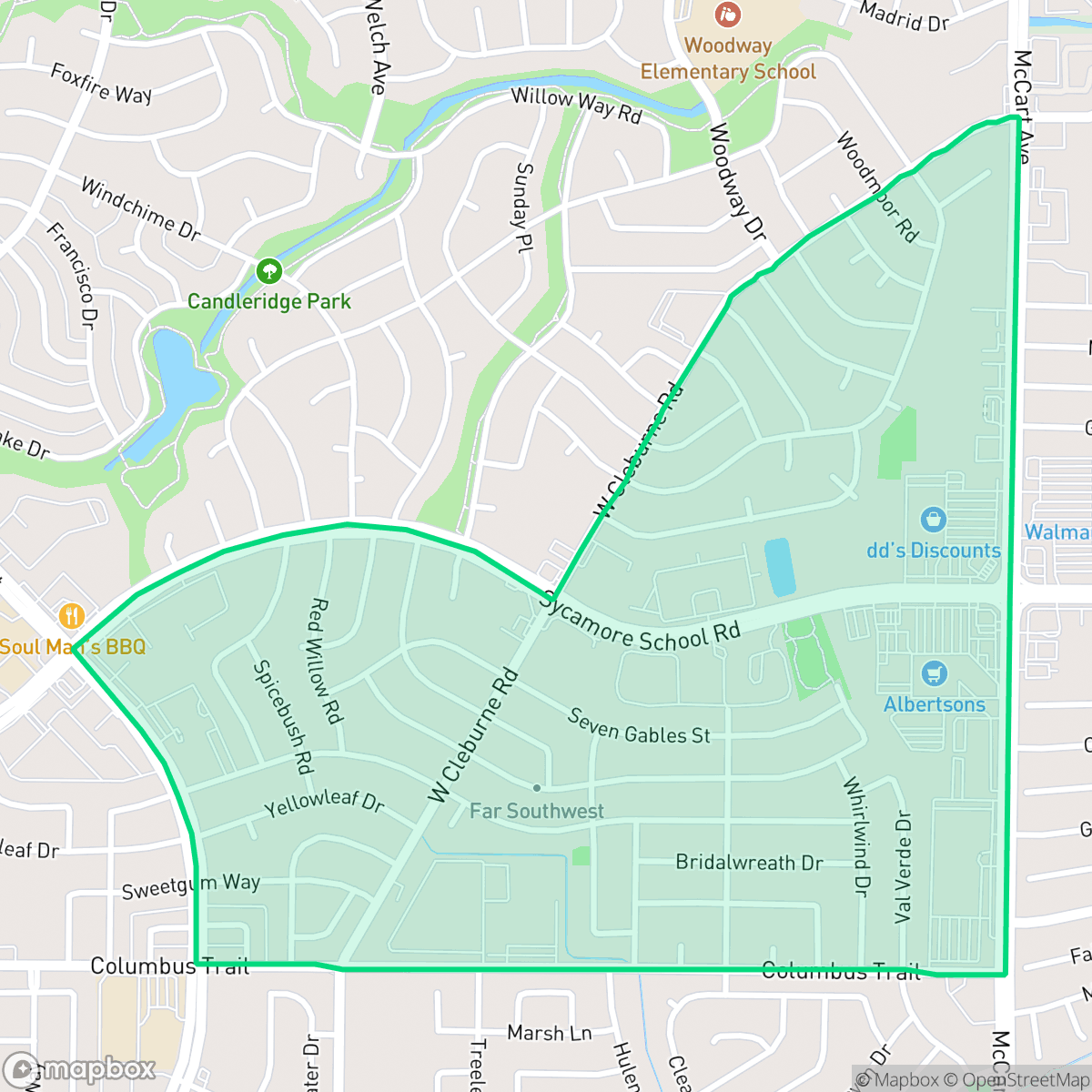 Map showing the location of Far Southwest, Fort Worth, TX