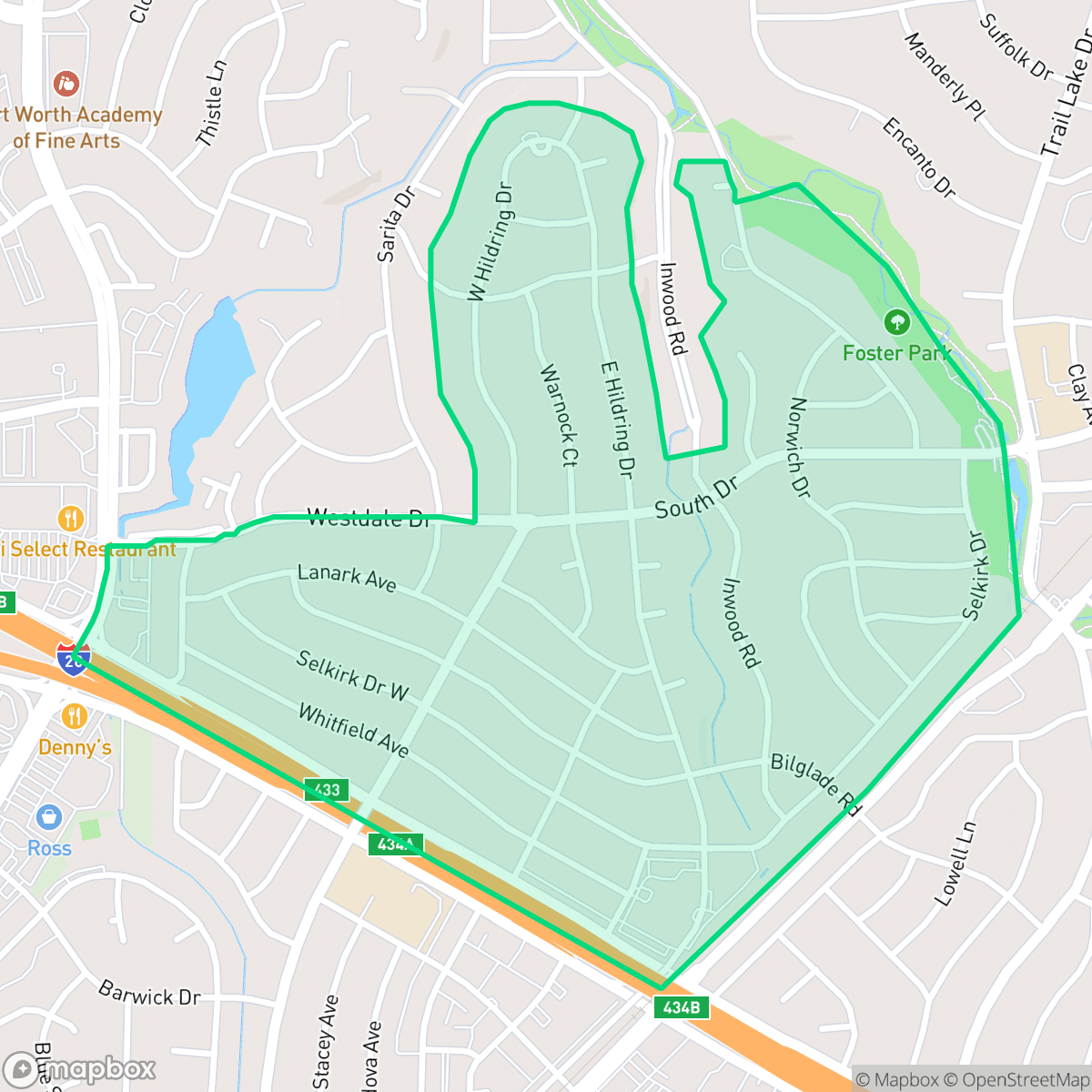 Map showing the location of Foster Park, Fort Worth, TX