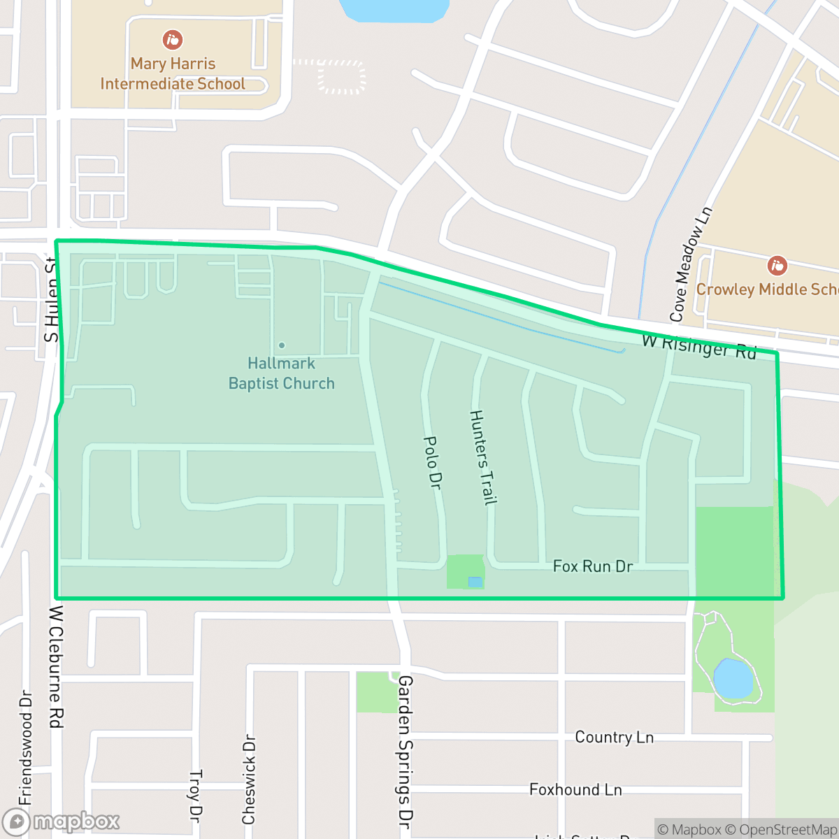 Map showing the location of Fox Run, Fort Worth, TX