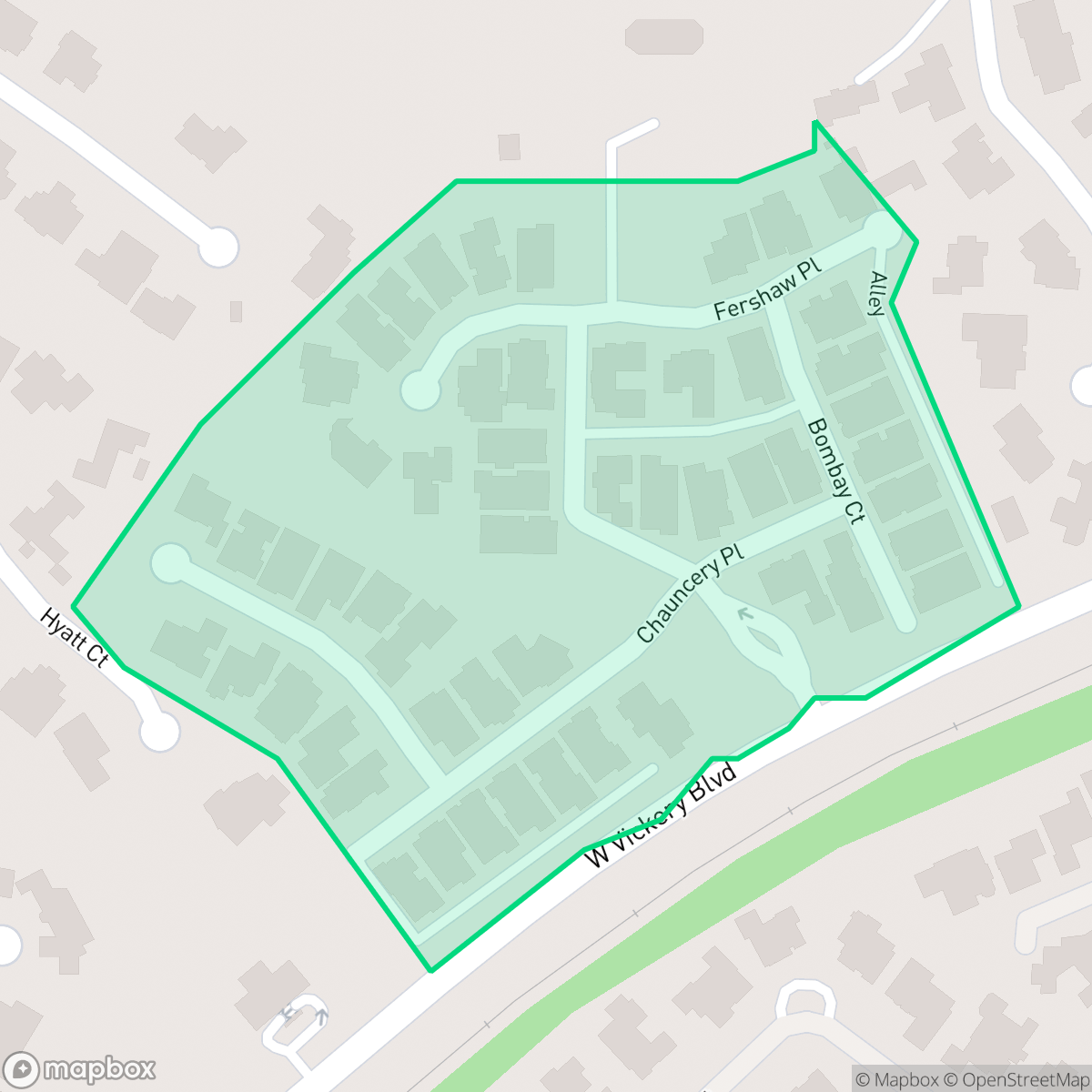Map showing the location of Hampton Place, Fort Worth, TX