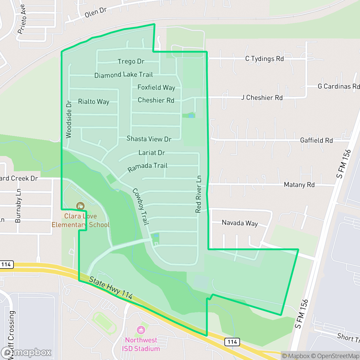 Map showing the location of Harriet Creek Ranch, Fort Worth, TX