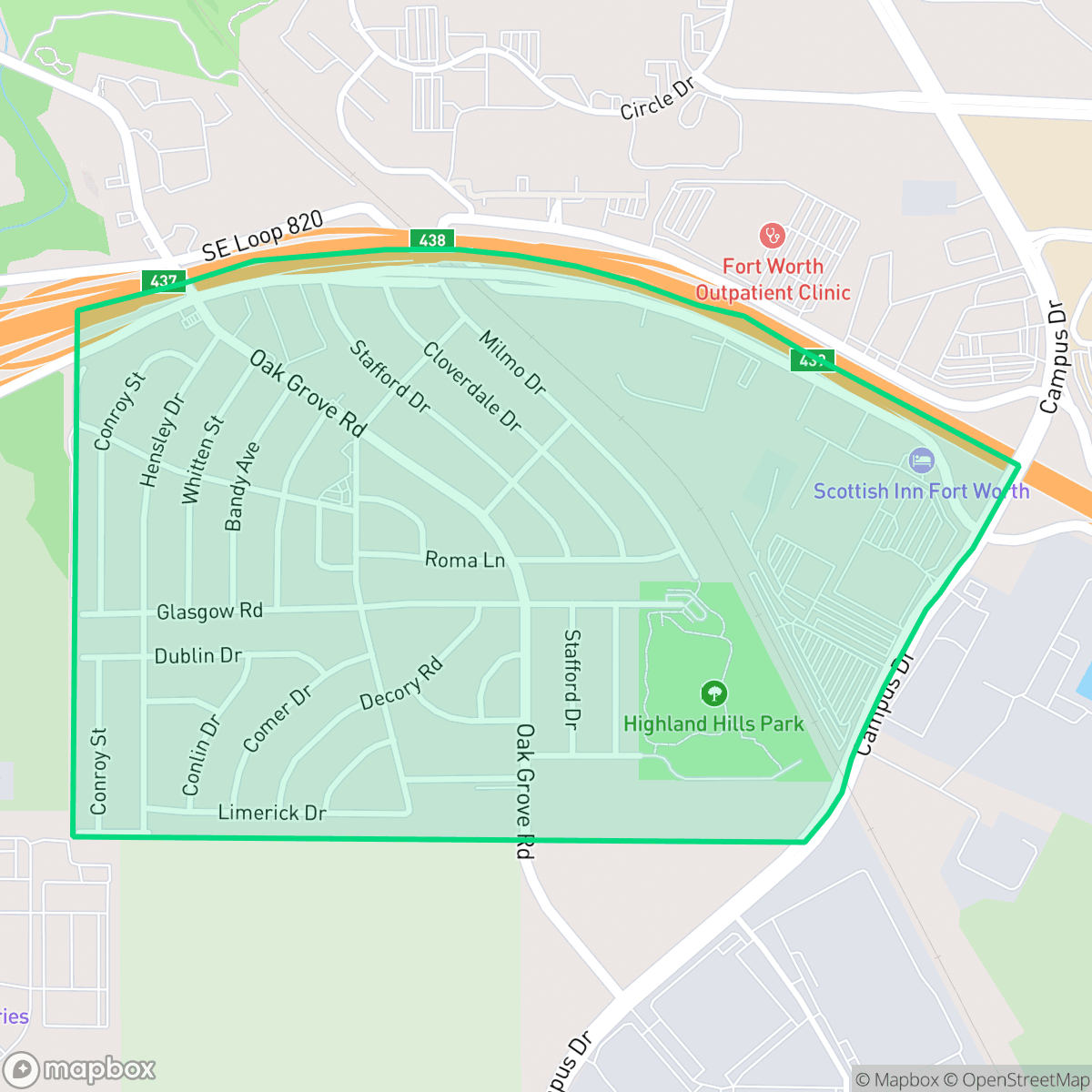 Map showing the location of Highland Hills, Fort Worth, TX