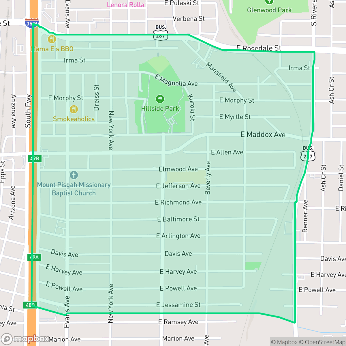 Map showing the location of Hillside Morningside, Fort Worth, TX