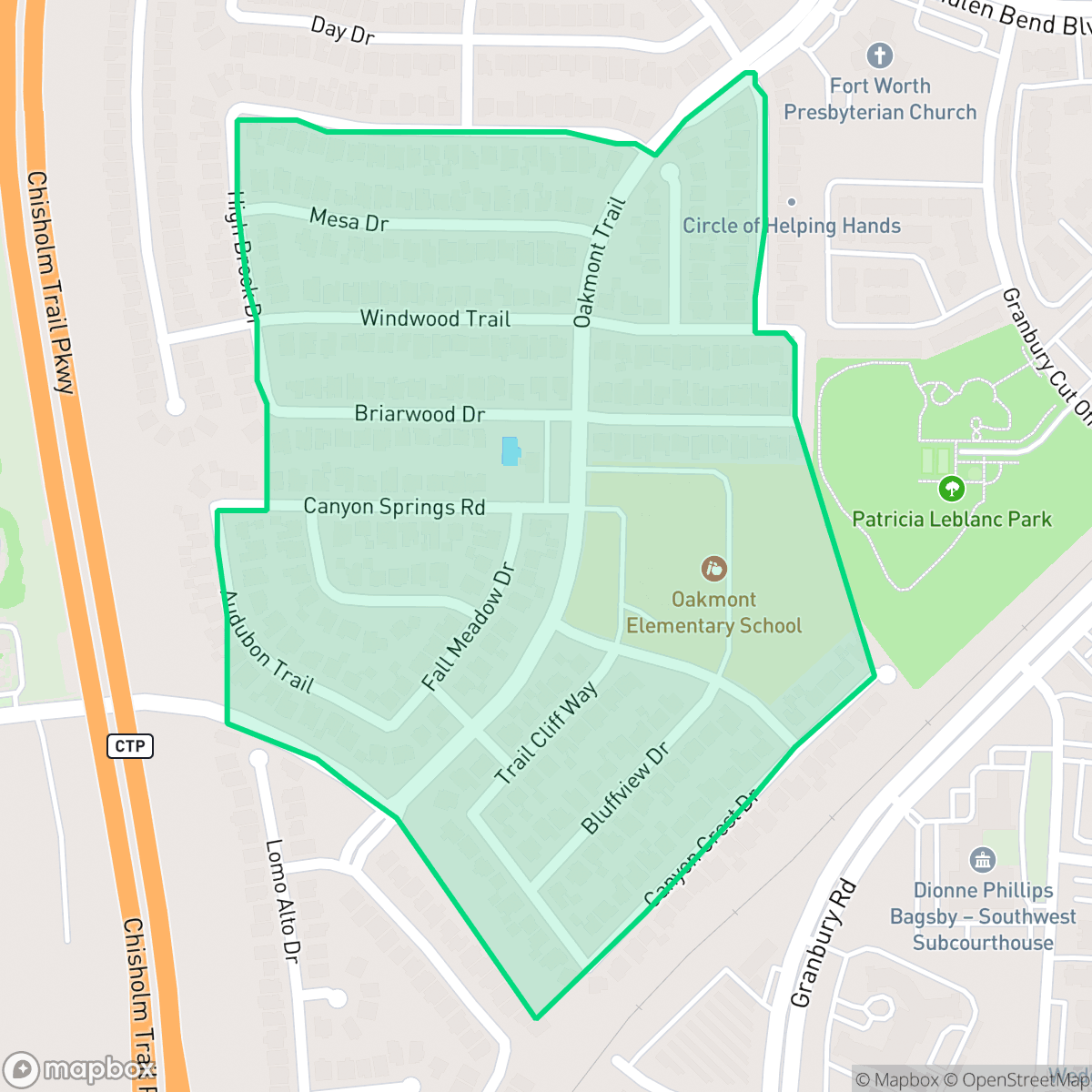 Map showing the location of Hulen Bend Estates, Fort Worth, TX