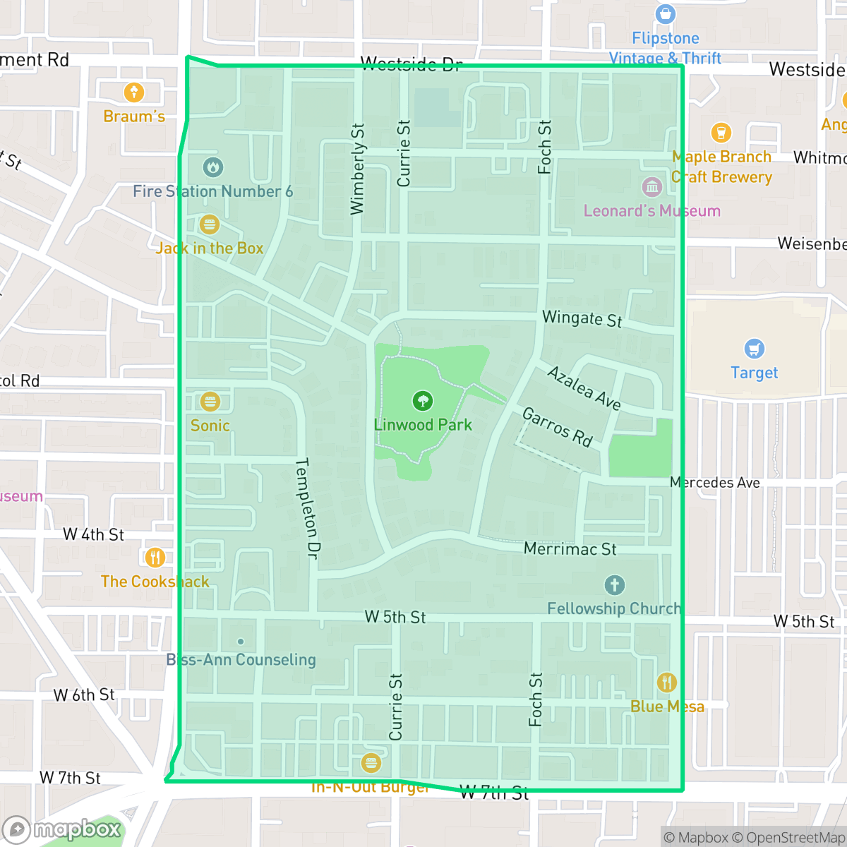 Map showing the location of Linwood, Fort Worth, TX