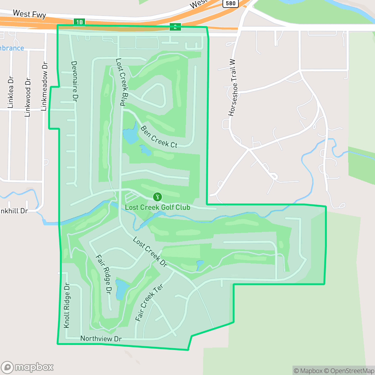 Map showing the location of Lost Creek, Fort Worth, TX