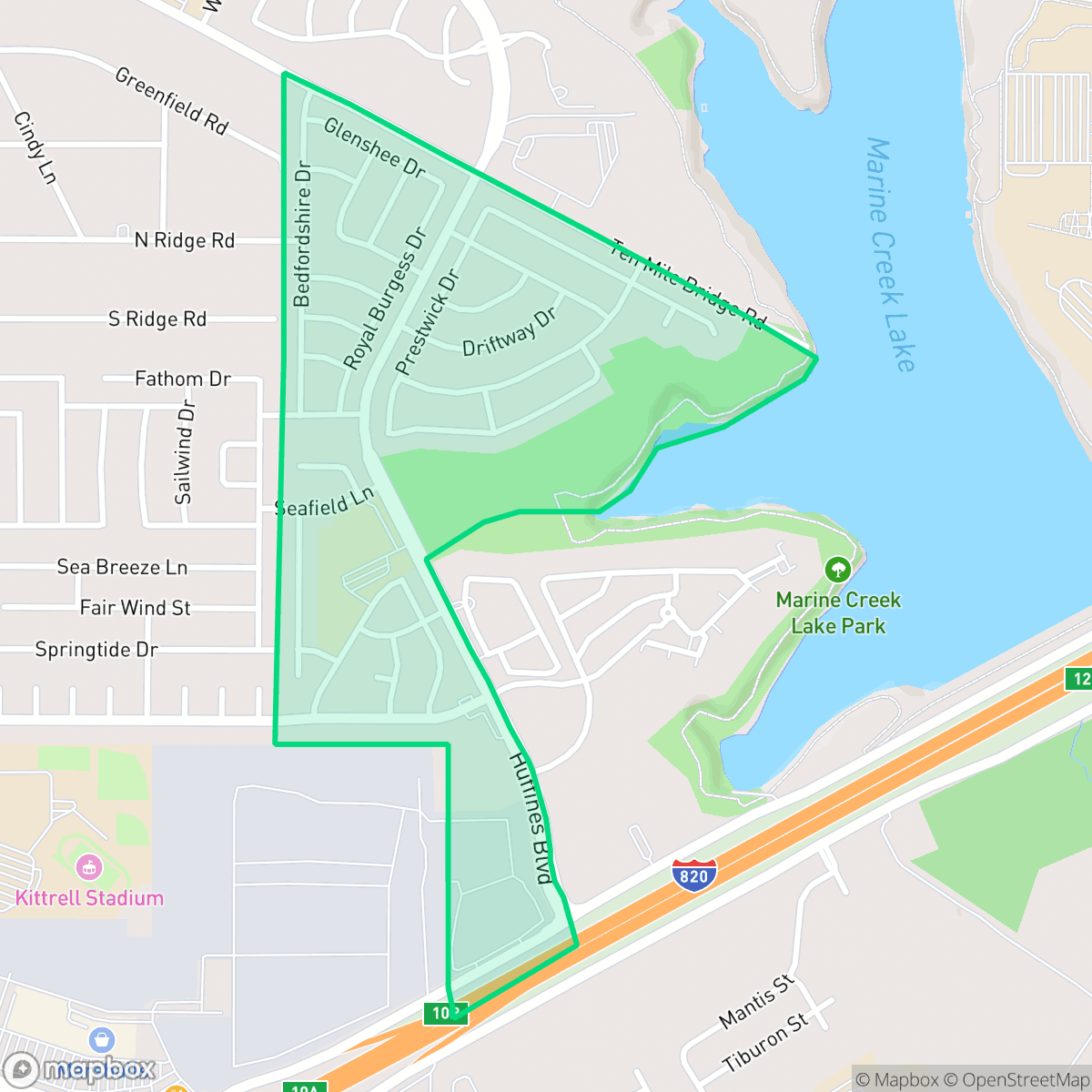 Map showing the location of Marine Creek, Fort Worth, TX