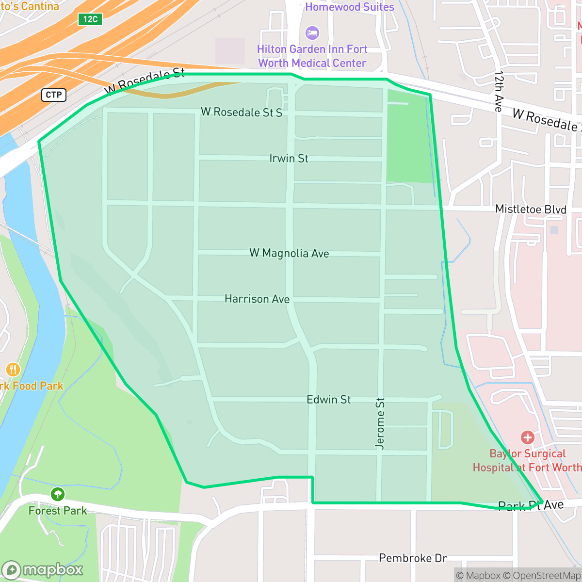 Map showing the location of Mistletoe Heights, Fort Worth, TX