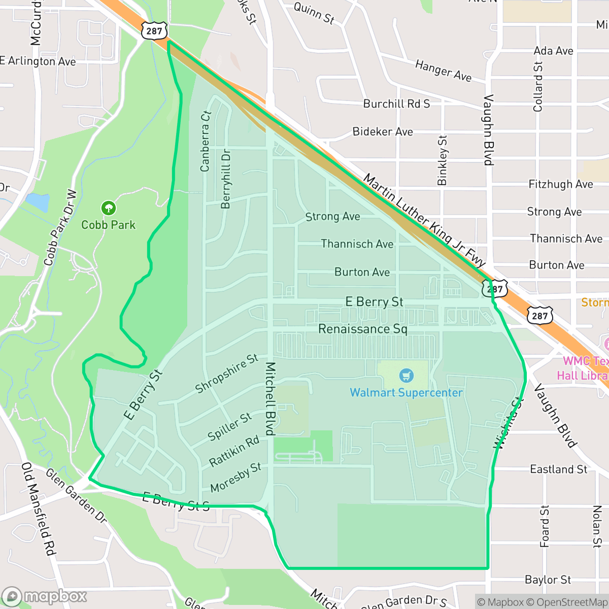 Map showing the location of Mitchell Boulevard, Fort Worth, TX