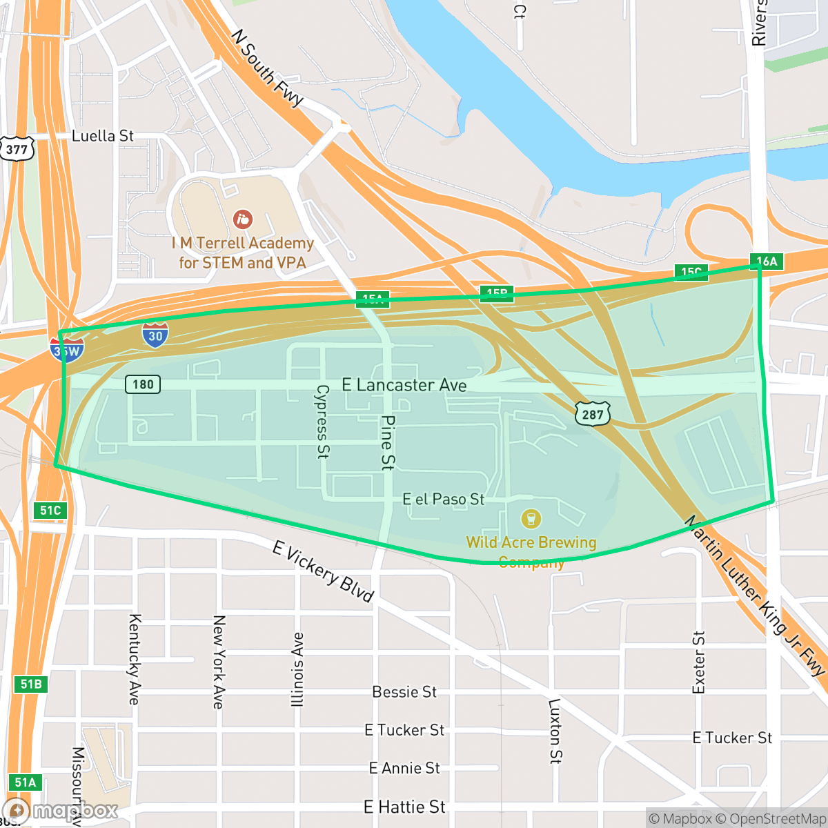 Map showing the location of Near East Side, Fort Worth, TX