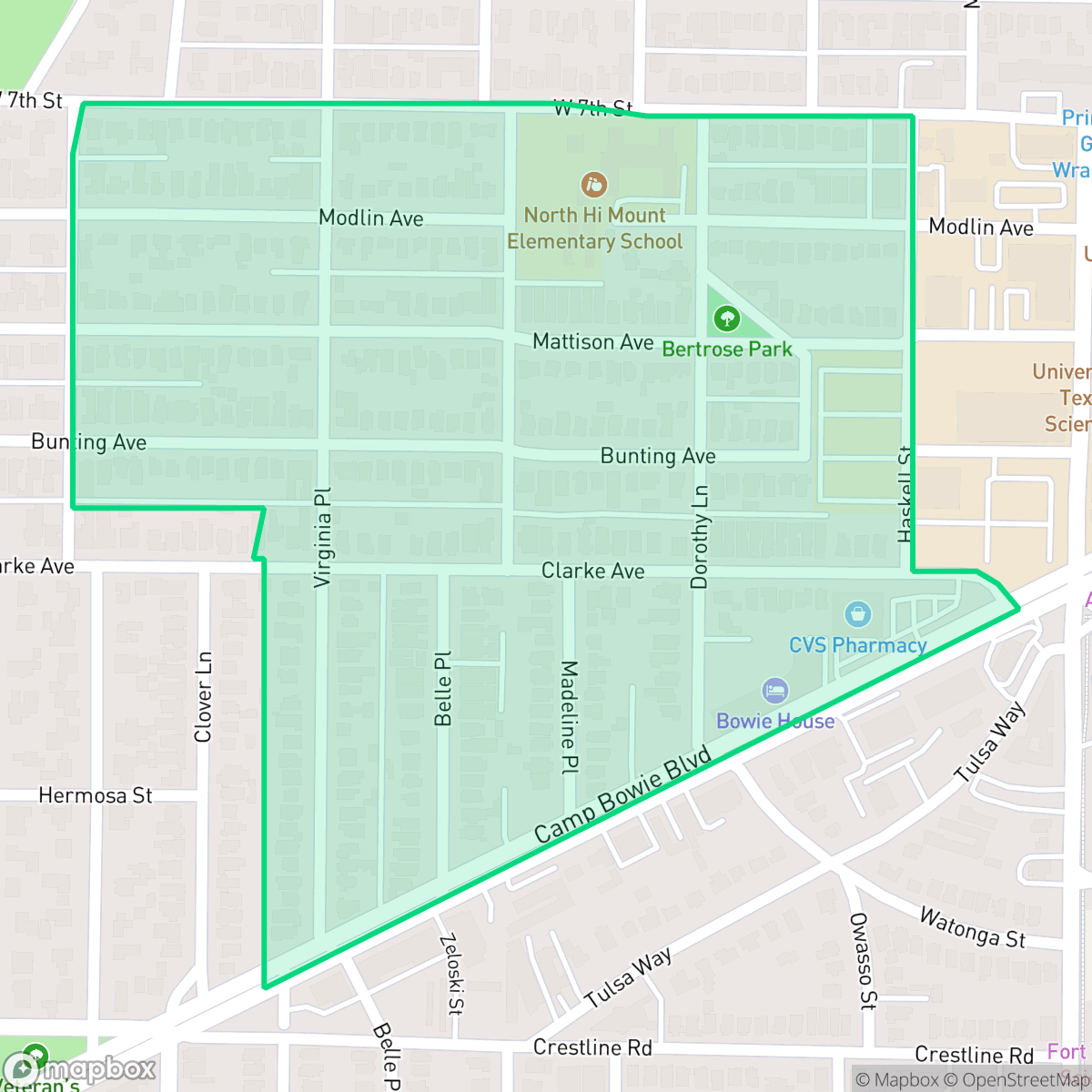 Map showing the location of North Hi Mount, Fort Worth, TX