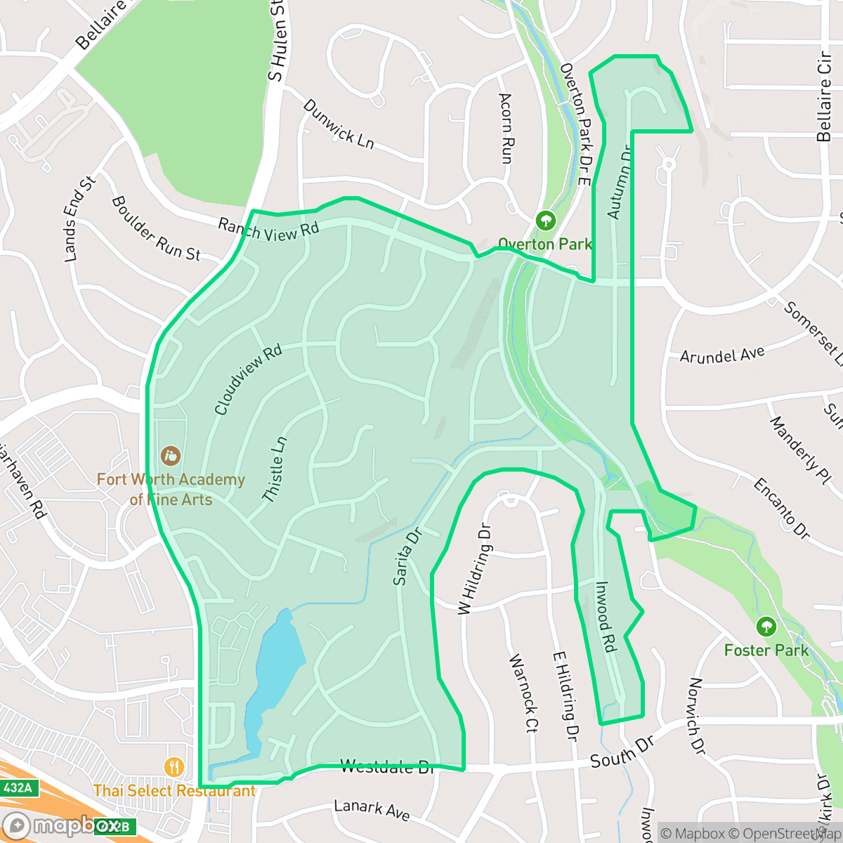 Map showing the location of Overton Park, Fort Worth, TX
