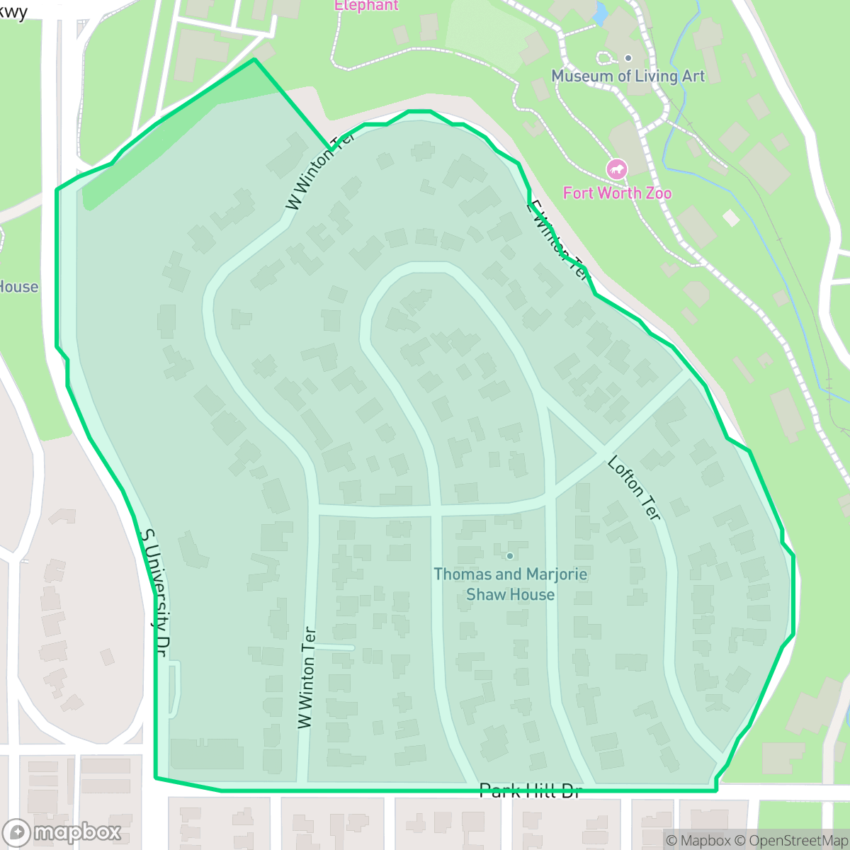 Map showing the location of Park Hill, Fort Worth, TX