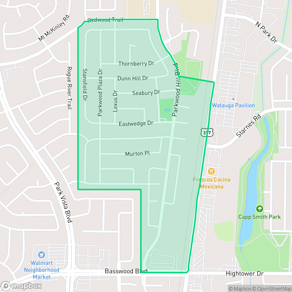 Map showing the location of Parkwood Hills, Fort Worth, TX
