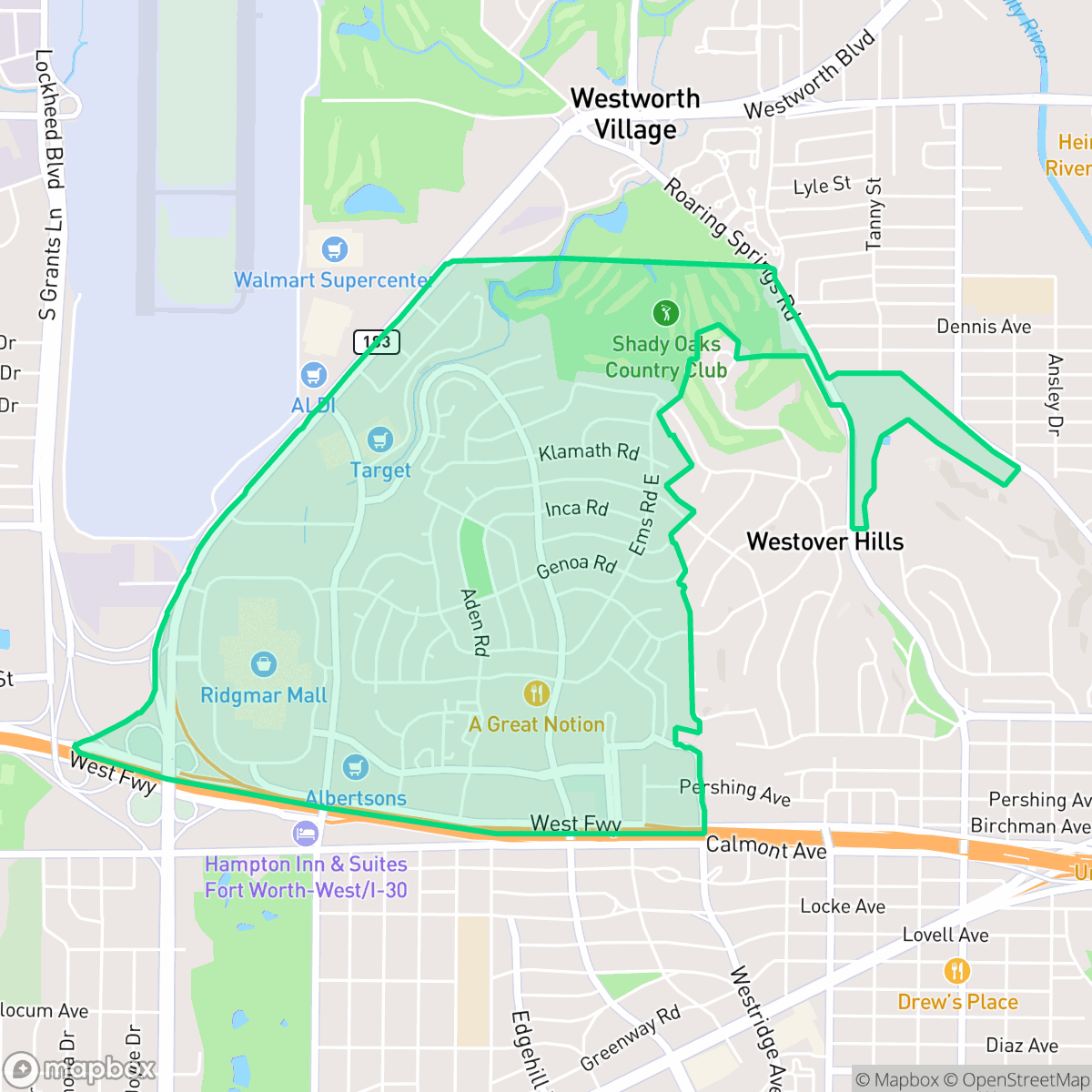 Map showing the location of Ridgmar, Fort Worth, TX